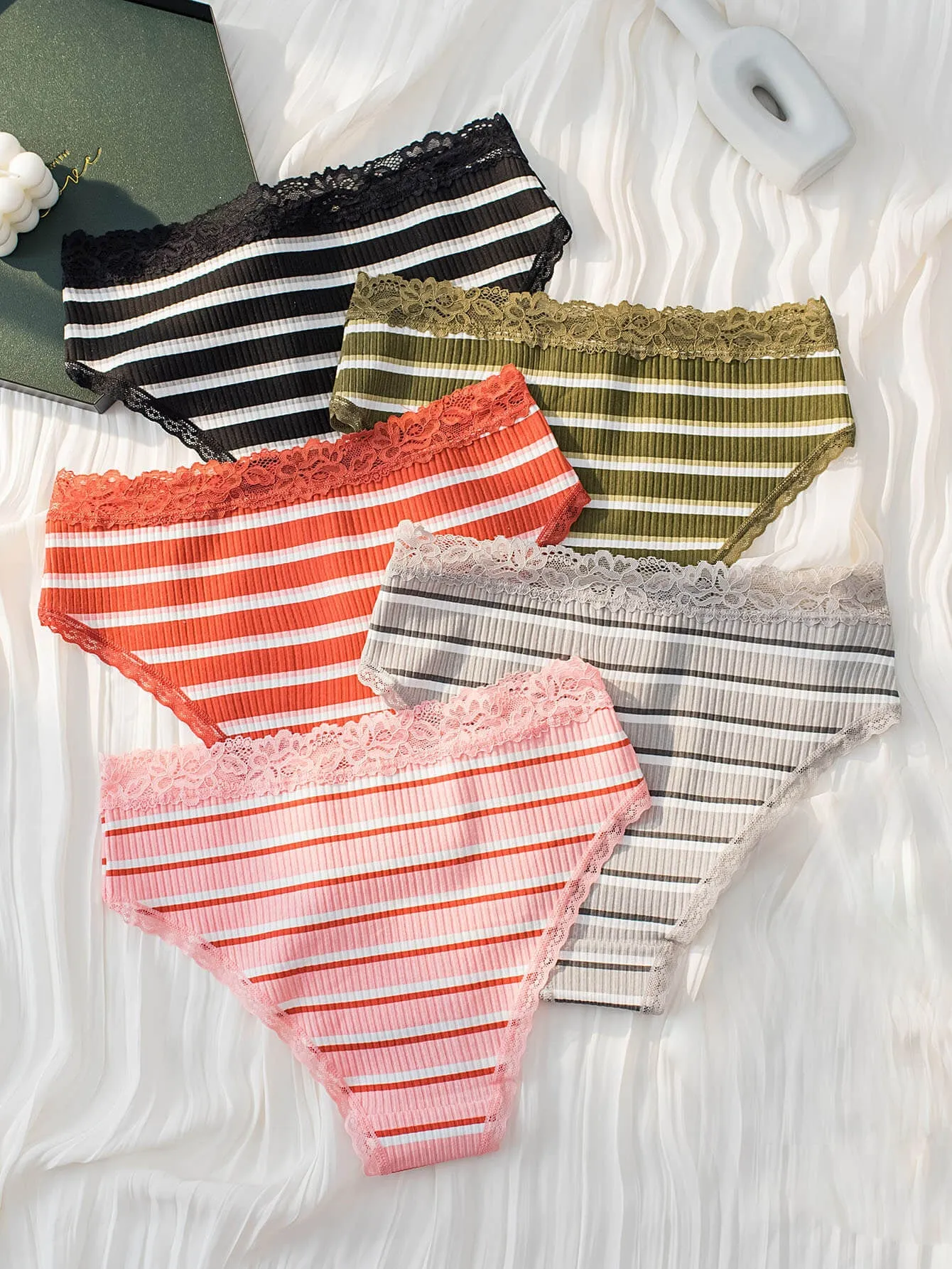 5-Pack Striped Contrast Lace Panty Set