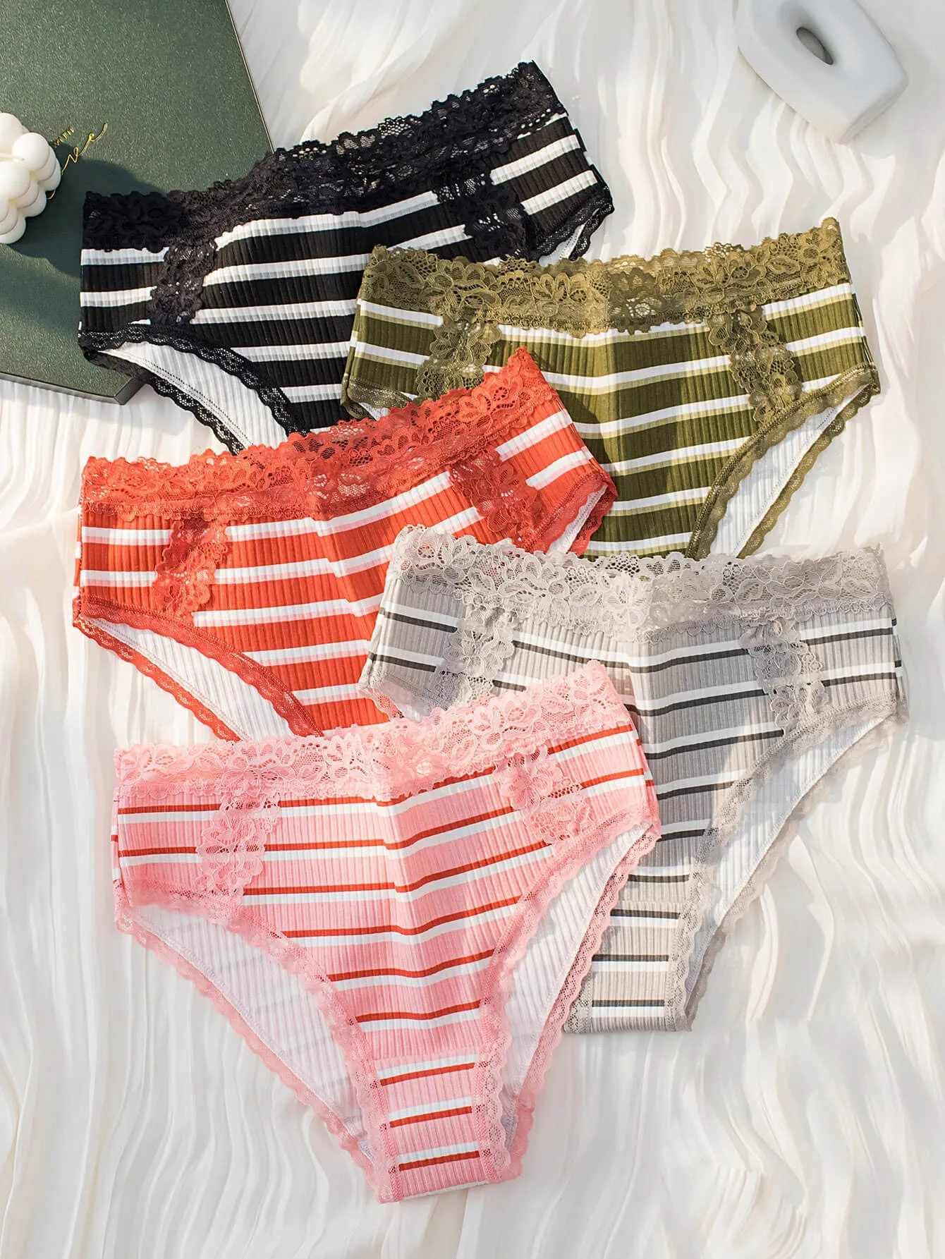 5-Pack Striped Contrast Lace Panty Set