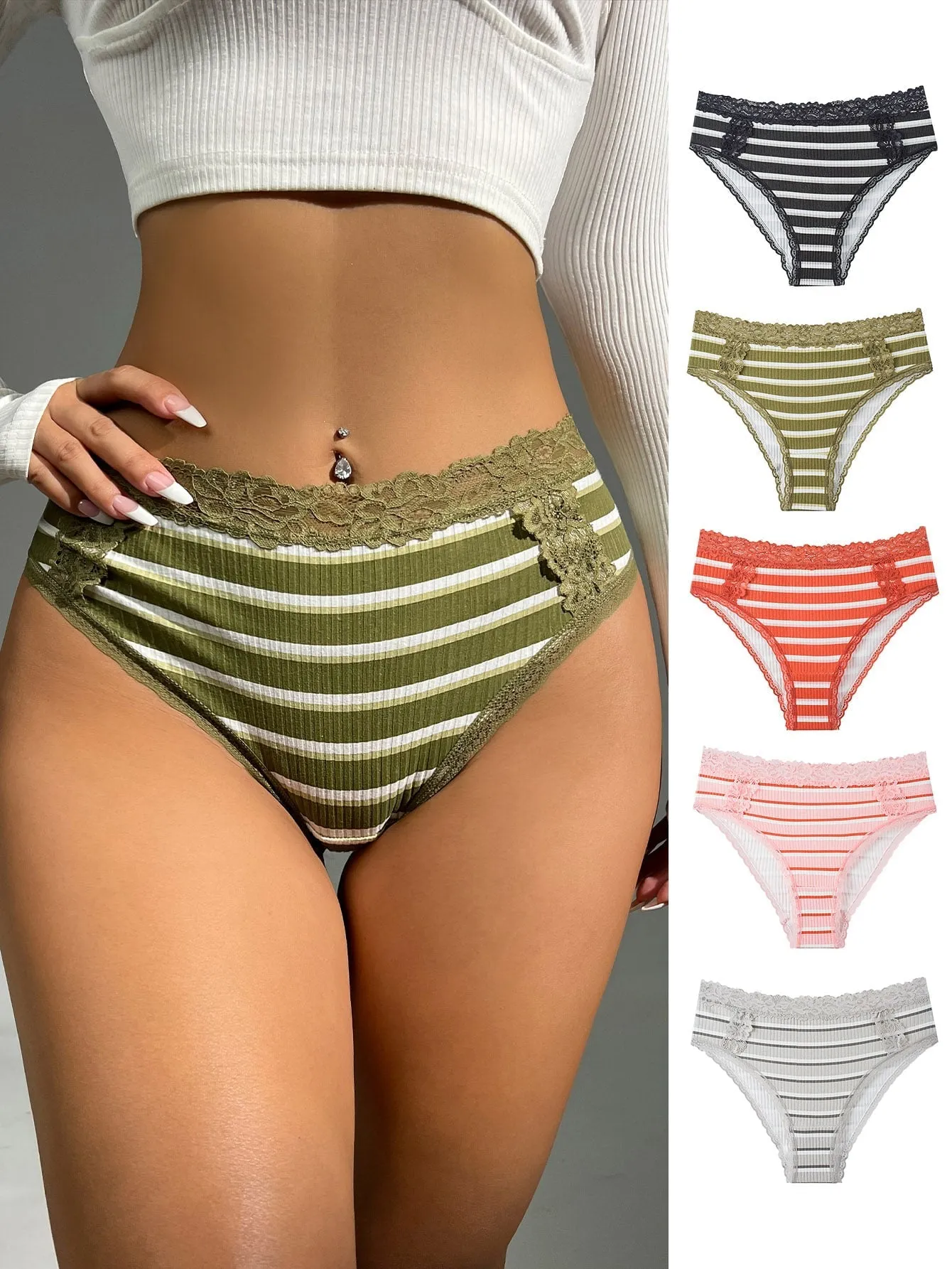 5-Pack Striped Contrast Lace Panty Set