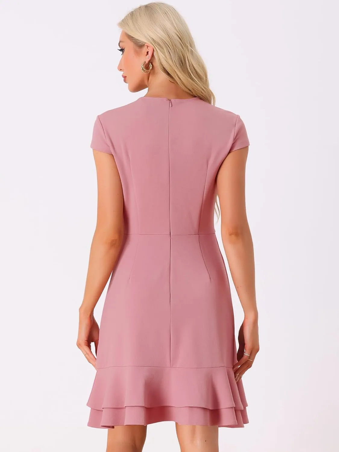 Allegra K Women's Cap Sleeves Round Neck Tiered Ruffled Hem Above Knee Dress