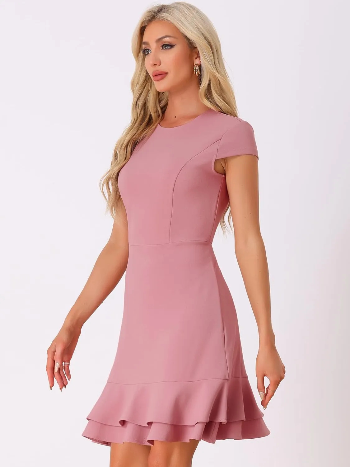 Allegra K Women's Cap Sleeves Round Neck Tiered Ruffled Hem Above Knee Dress