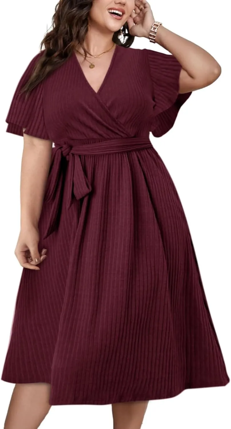 Beautife Women's Plus Size V Neck Dress Tie Front Ruffle Short Sleeve Ribbed Knit Summer Midi Dresses