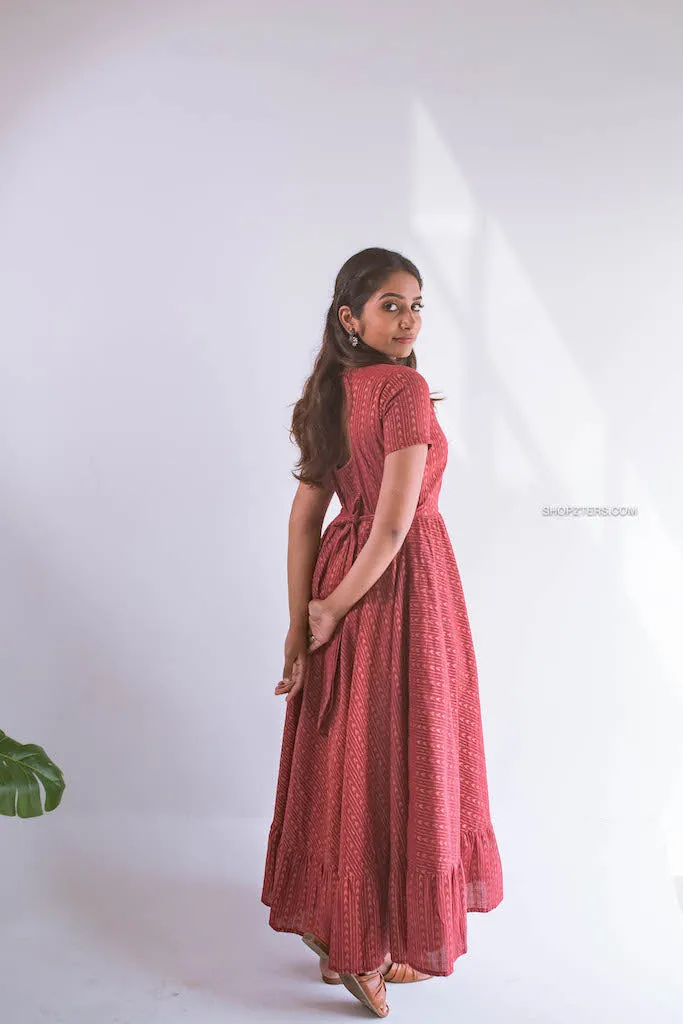 Brick Arrows Cotton Dress With Copper Zari