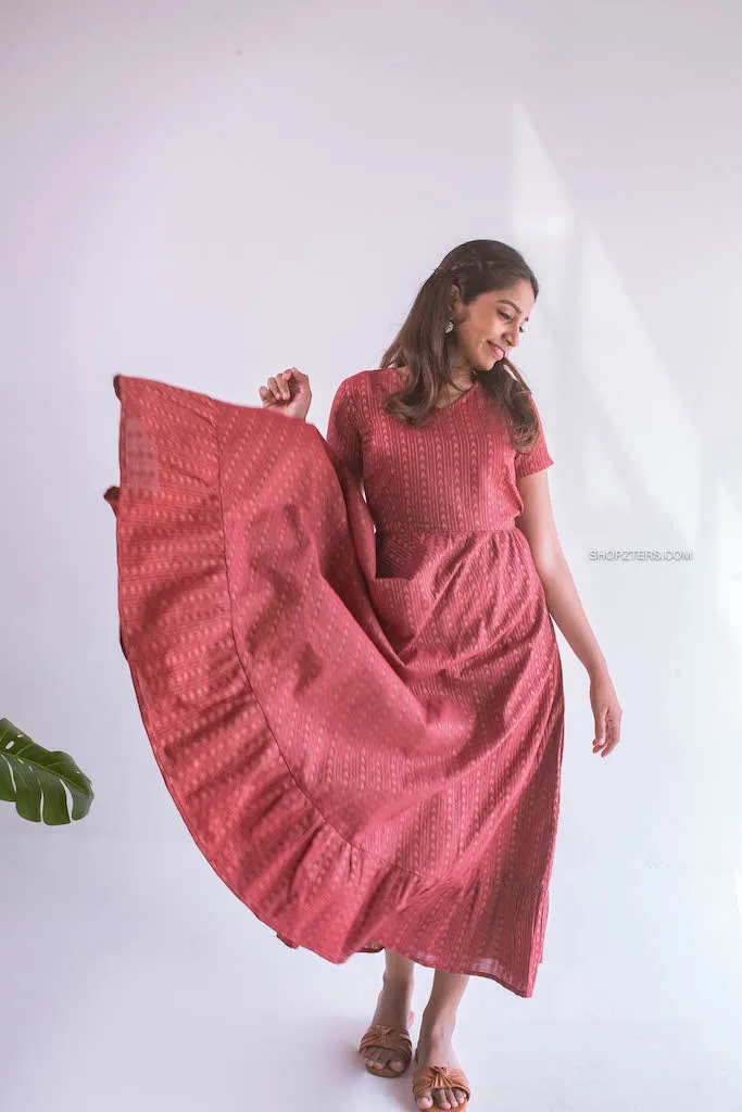Brick Arrows Cotton Dress With Copper Zari