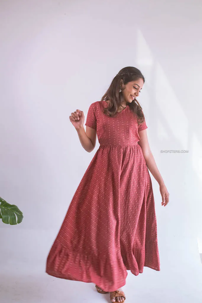 Brick Arrows Cotton Dress With Copper Zari