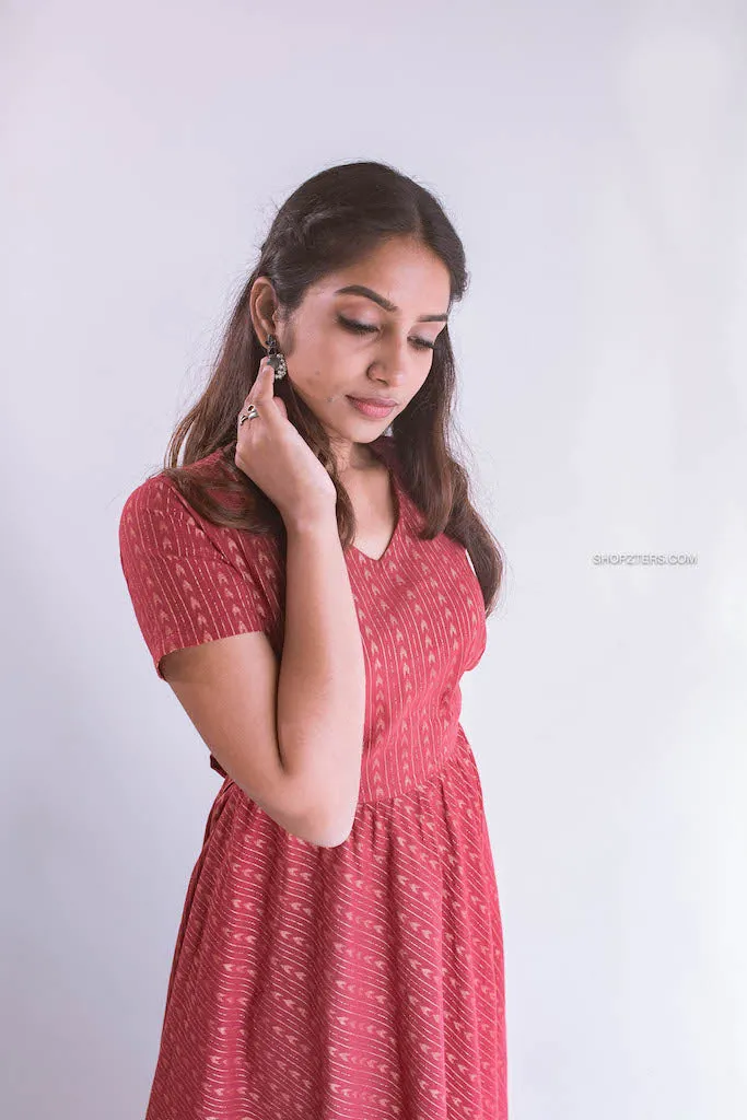 Brick Arrows Cotton Dress With Copper Zari