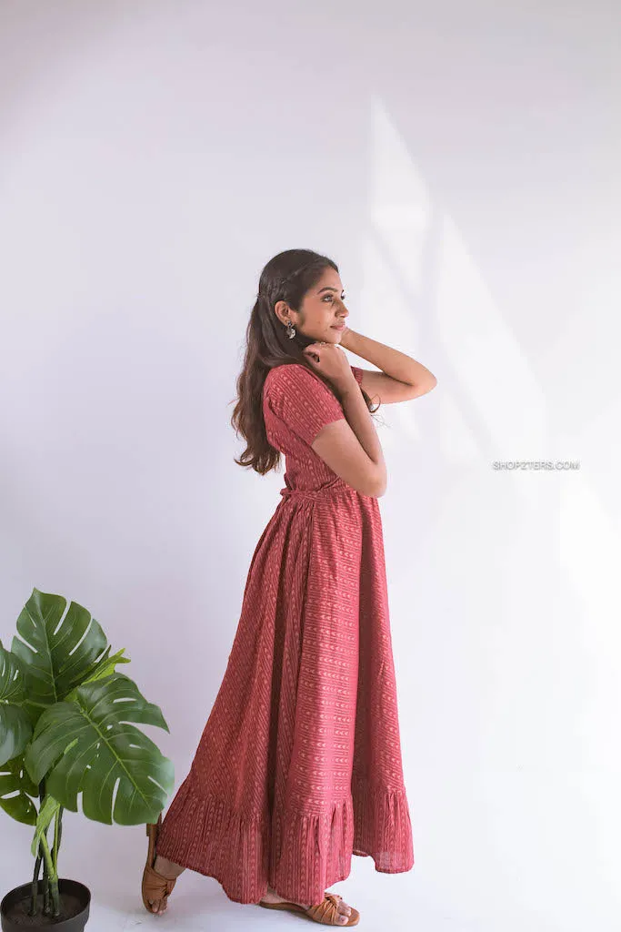 Brick Arrows Cotton Dress With Copper Zari