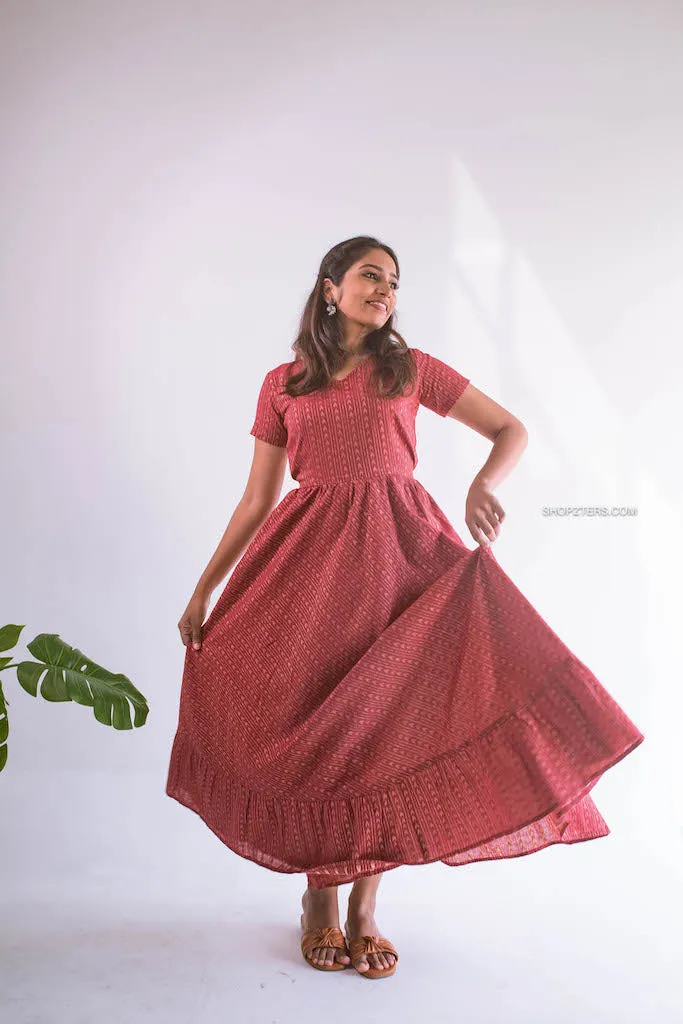 Brick Arrows Cotton Dress With Copper Zari