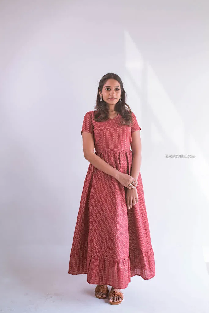 Brick Arrows Cotton Dress With Copper Zari