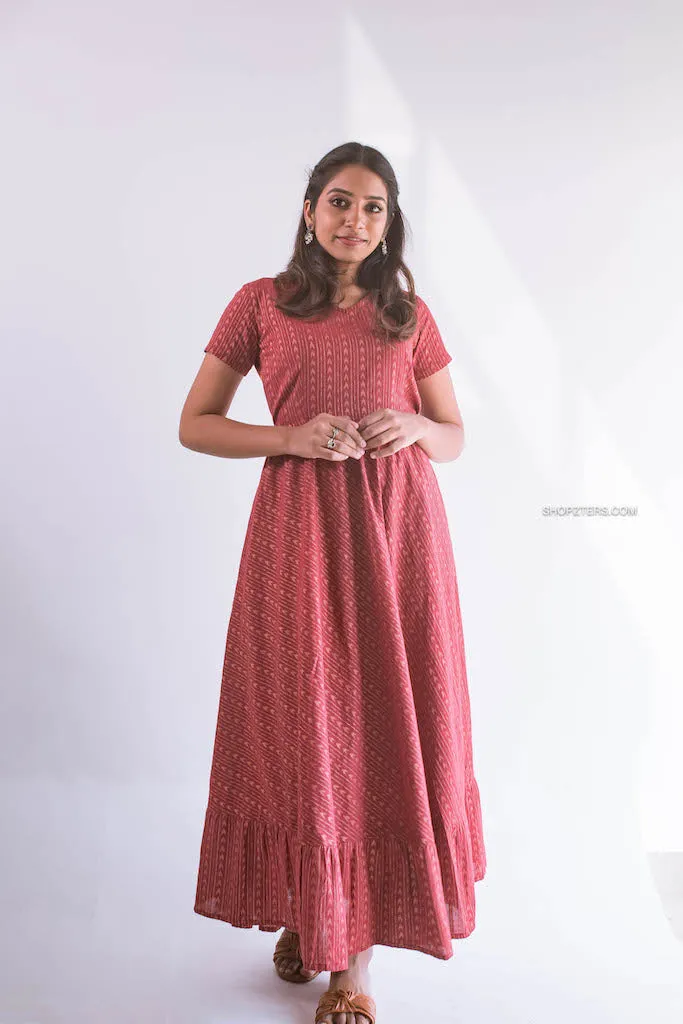 Brick Arrows Cotton Dress With Copper Zari