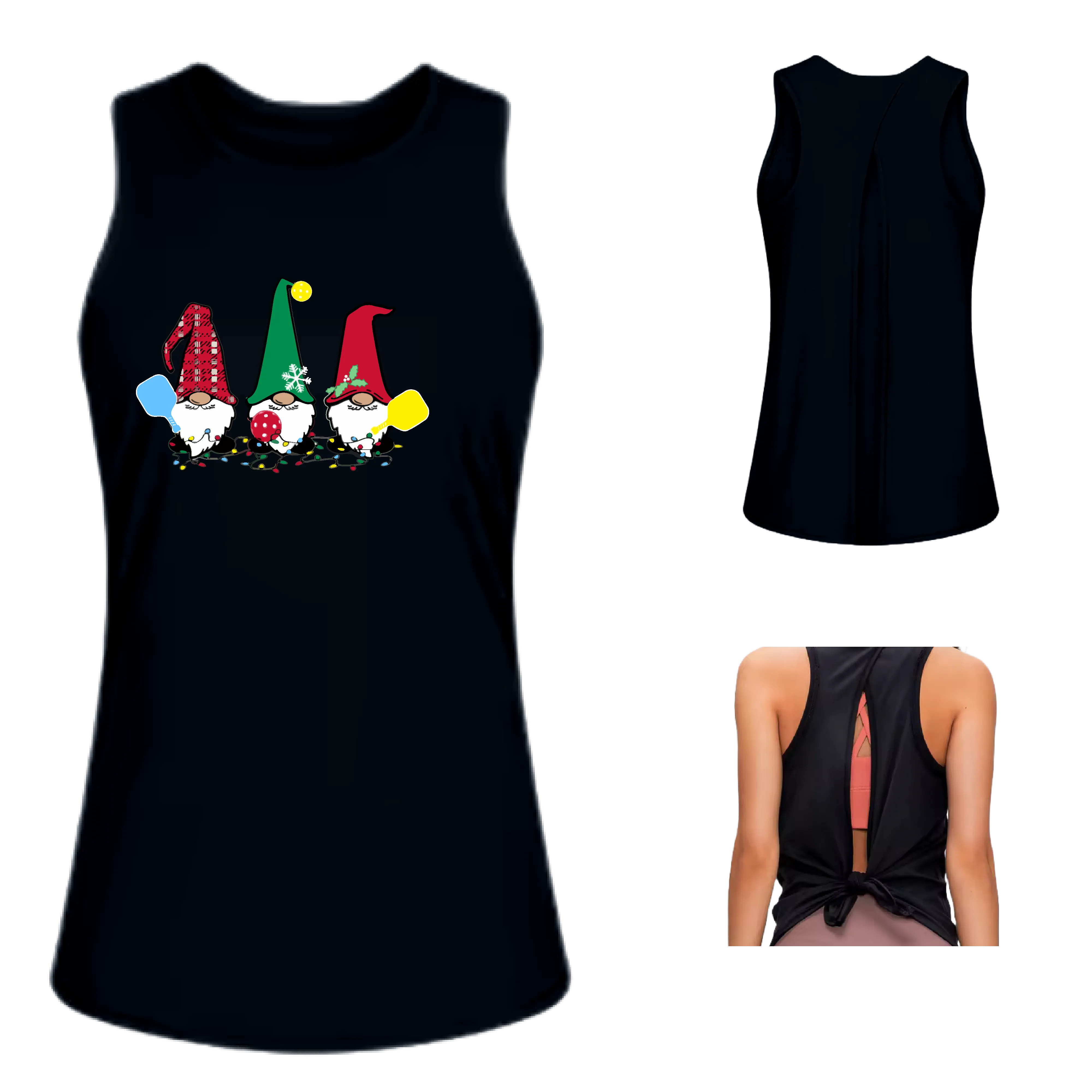 Christmas Gnomes | Women's Split Back or Tied Back Pickleball Tank | 80/20 Nylon Spandex Mix