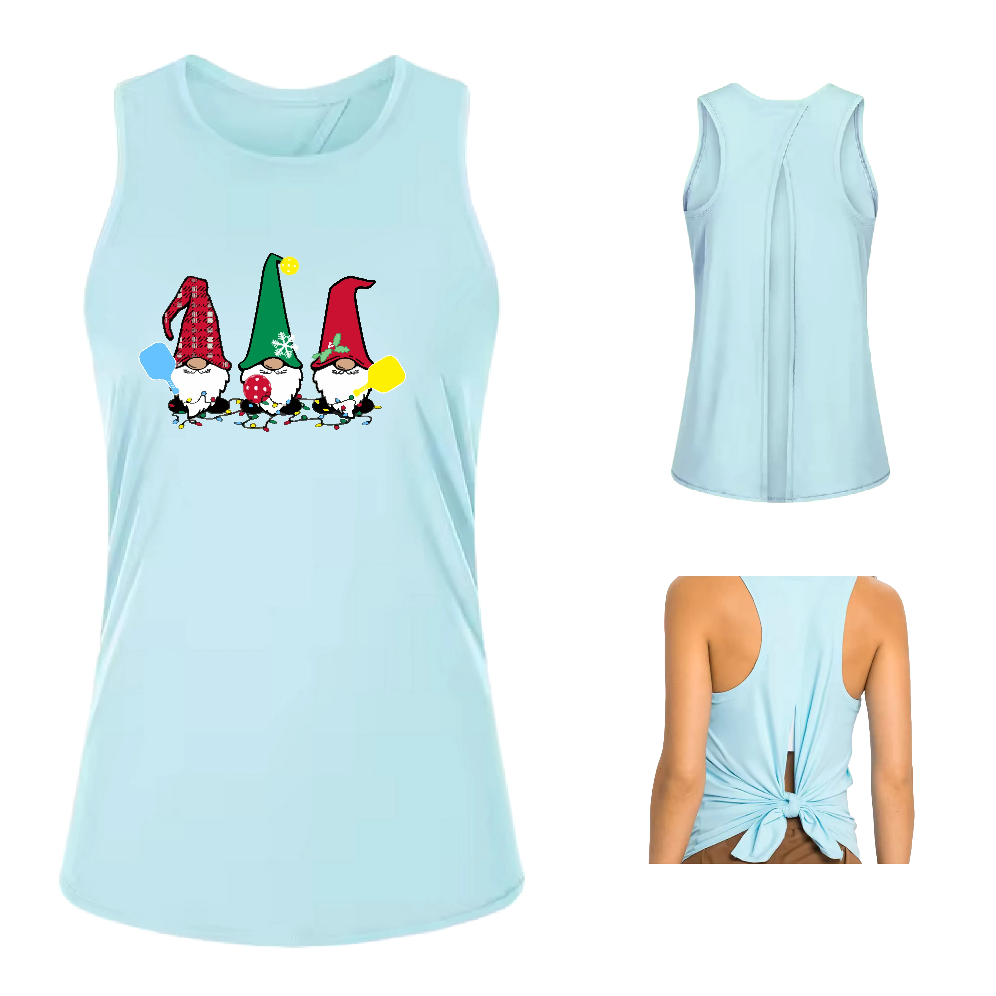 Christmas Gnomes | Women's Split Back or Tied Back Pickleball Tank | 80/20 Nylon Spandex Mix