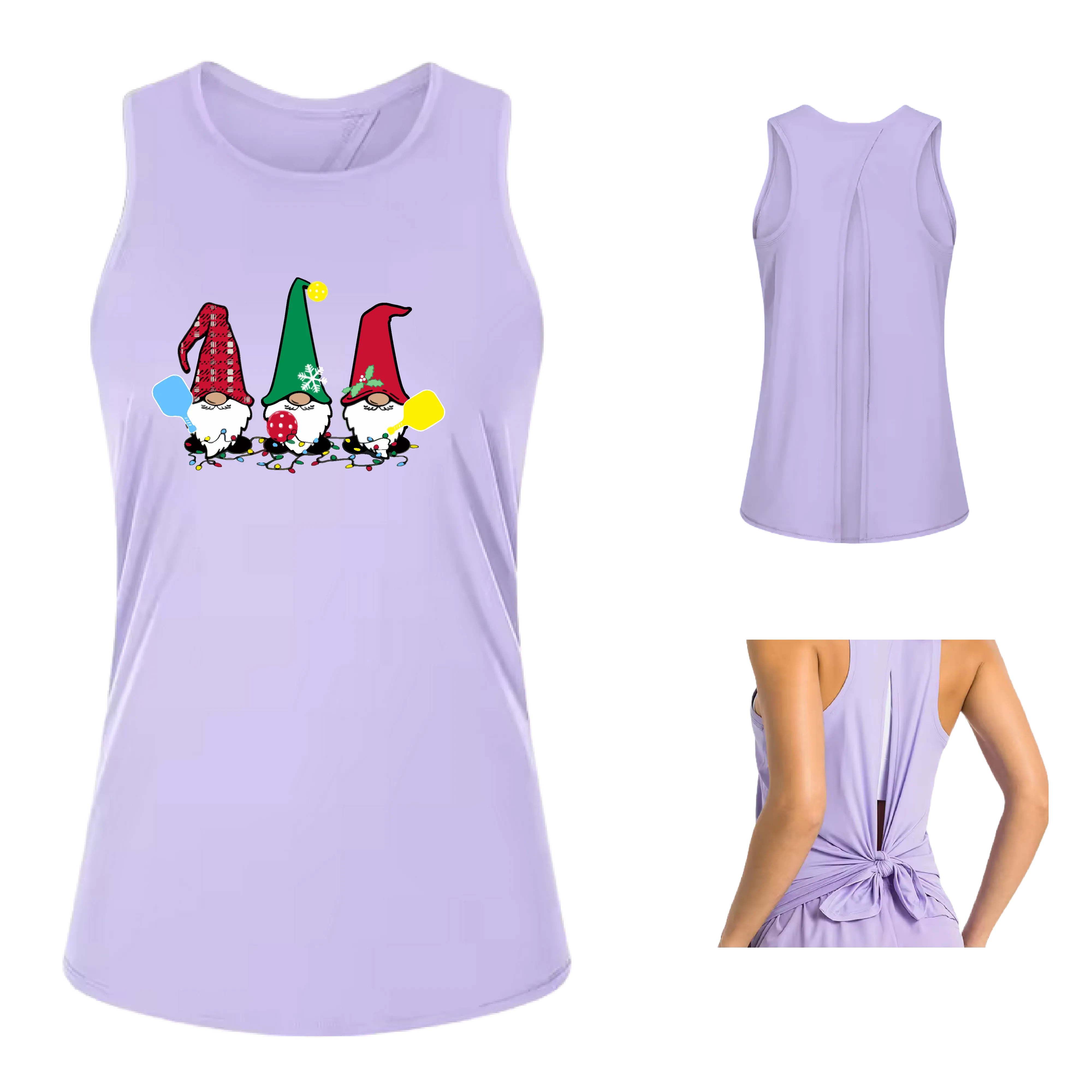 Christmas Gnomes | Women's Split Back or Tied Back Pickleball Tank | 80/20 Nylon Spandex Mix