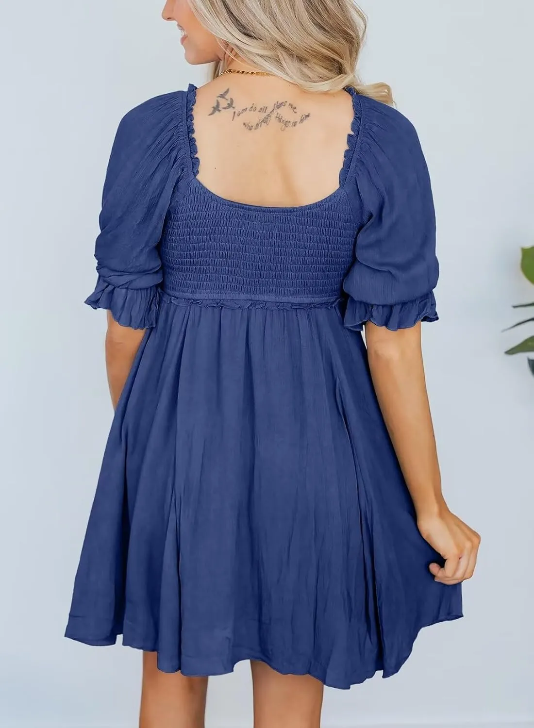 Dokotoo Womens Summer Dresses 2025 Short Sleeve Square Neck Smocked Elastic Waist Ruffle Tiered Casual Swing Mini Dress
