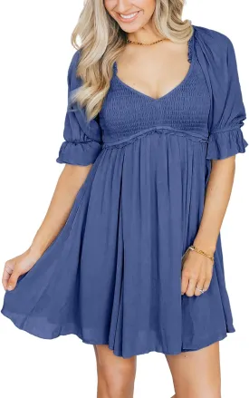Dokotoo Womens Summer Dresses 2025 Short Sleeve Square Neck Smocked Elastic Waist Ruffle Tiered Casual Swing Mini Dress