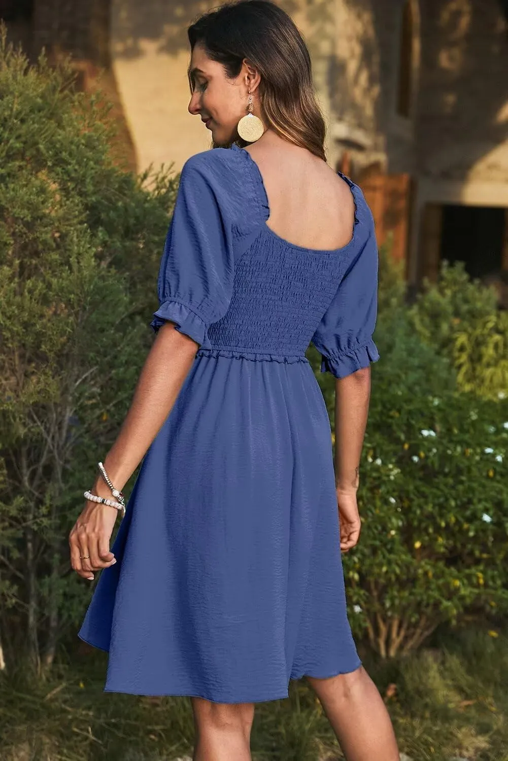 Dokotoo Womens Summer Dresses 2025 Short Sleeve Square Neck Smocked Elastic Waist Ruffle Tiered Casual Swing Mini Dress