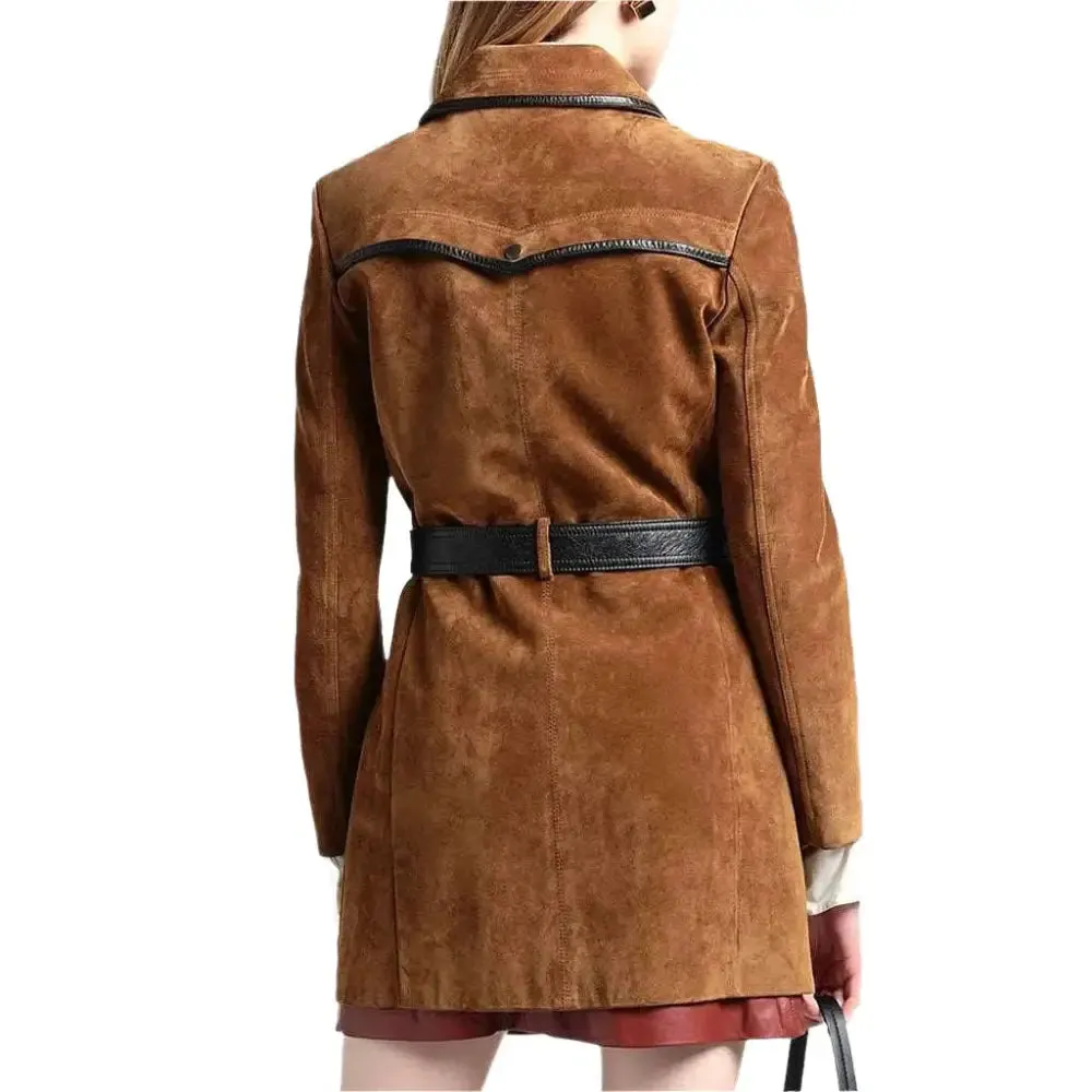 Elegant Tan Brown Suede Leather Coat for Women – Chic & Timeless