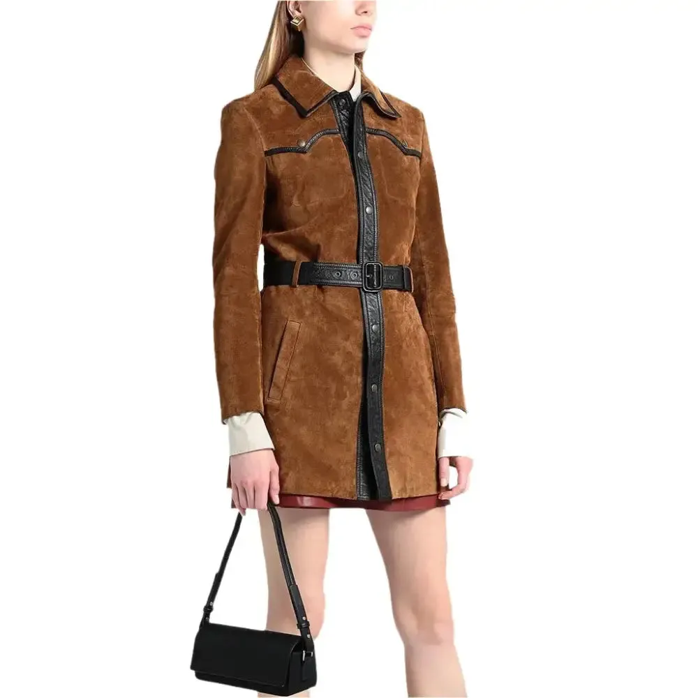 Elegant Tan Brown Suede Leather Coat for Women – Chic & Timeless