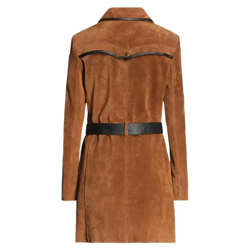 Elegant Tan Brown Suede Leather Coat for Women – Chic & Timeless