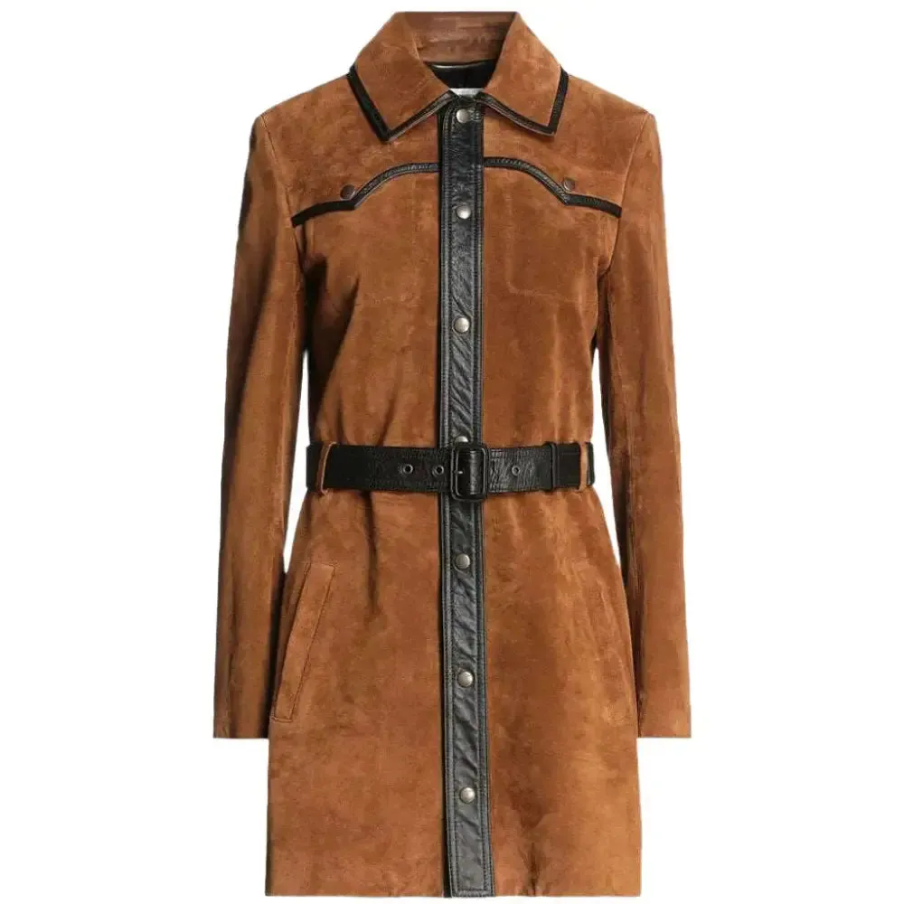 Elegant Tan Brown Suede Leather Coat for Women – Chic & Timeless