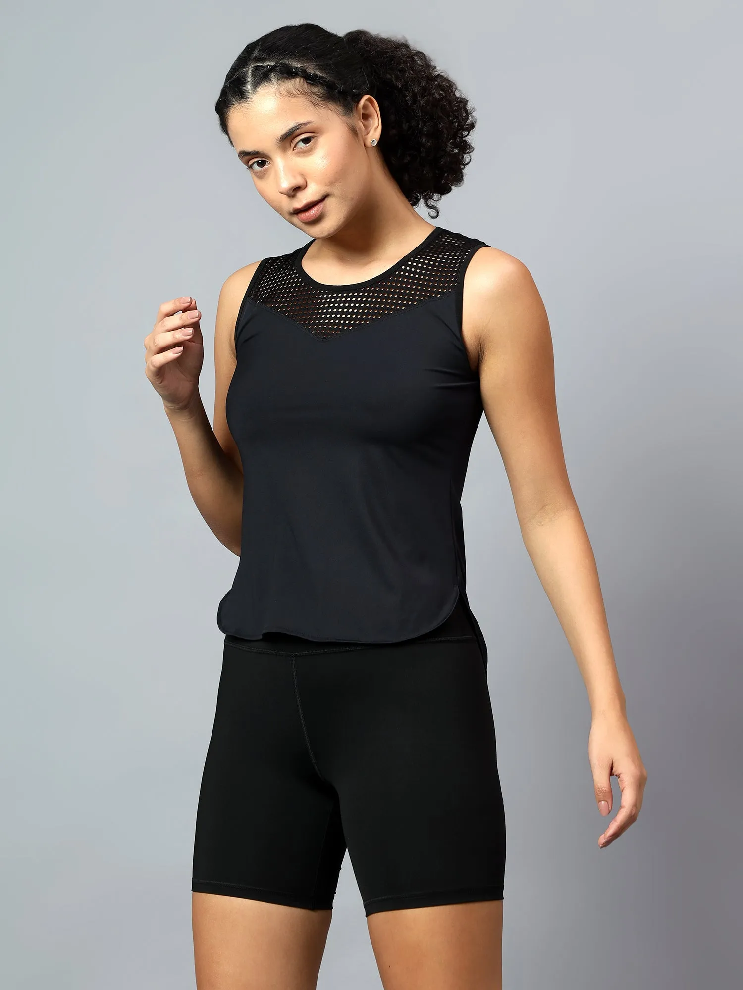 Fitkin Women Black Mix Mesh Tank