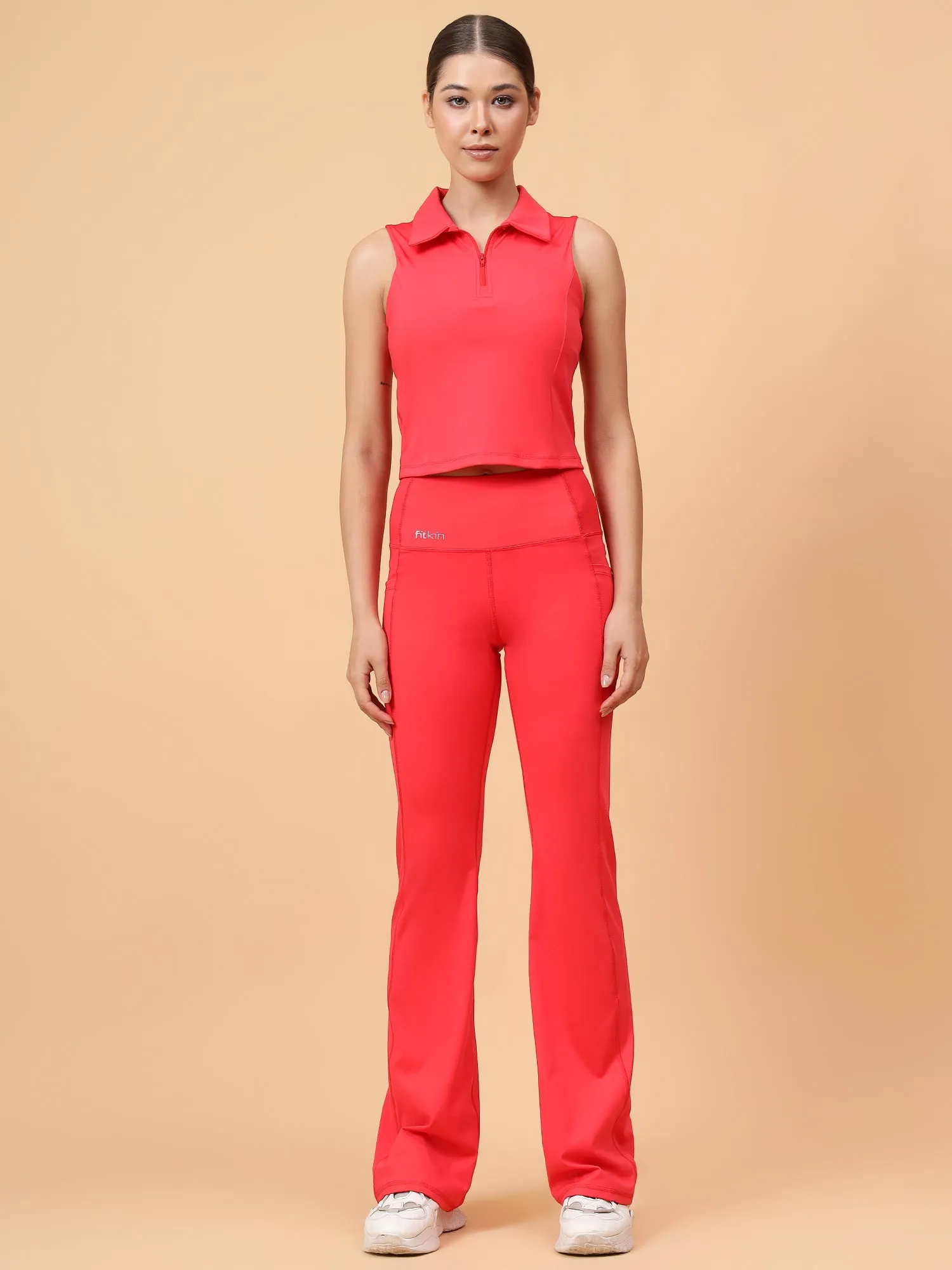 Ftkin Women Red Front Zipper Padded Collar Top