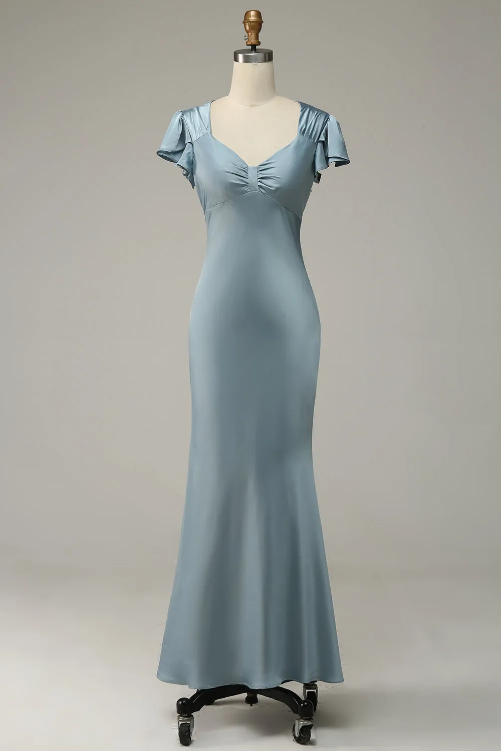 Grey Blue Satin Simple Formal Dress with Ruffles