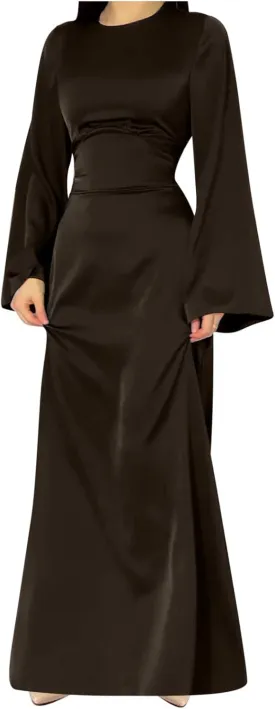 HGps8w Womens Elegant Satin Party Dress Bell Long Sleeve Cocktail Maxi Dress High Waisted Formal Party Evening Gowns
