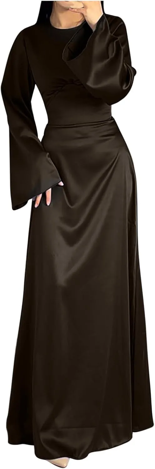 HGps8w Womens Elegant Satin Party Dress Bell Long Sleeve Cocktail Maxi Dress High Waisted Formal Party Evening Gowns