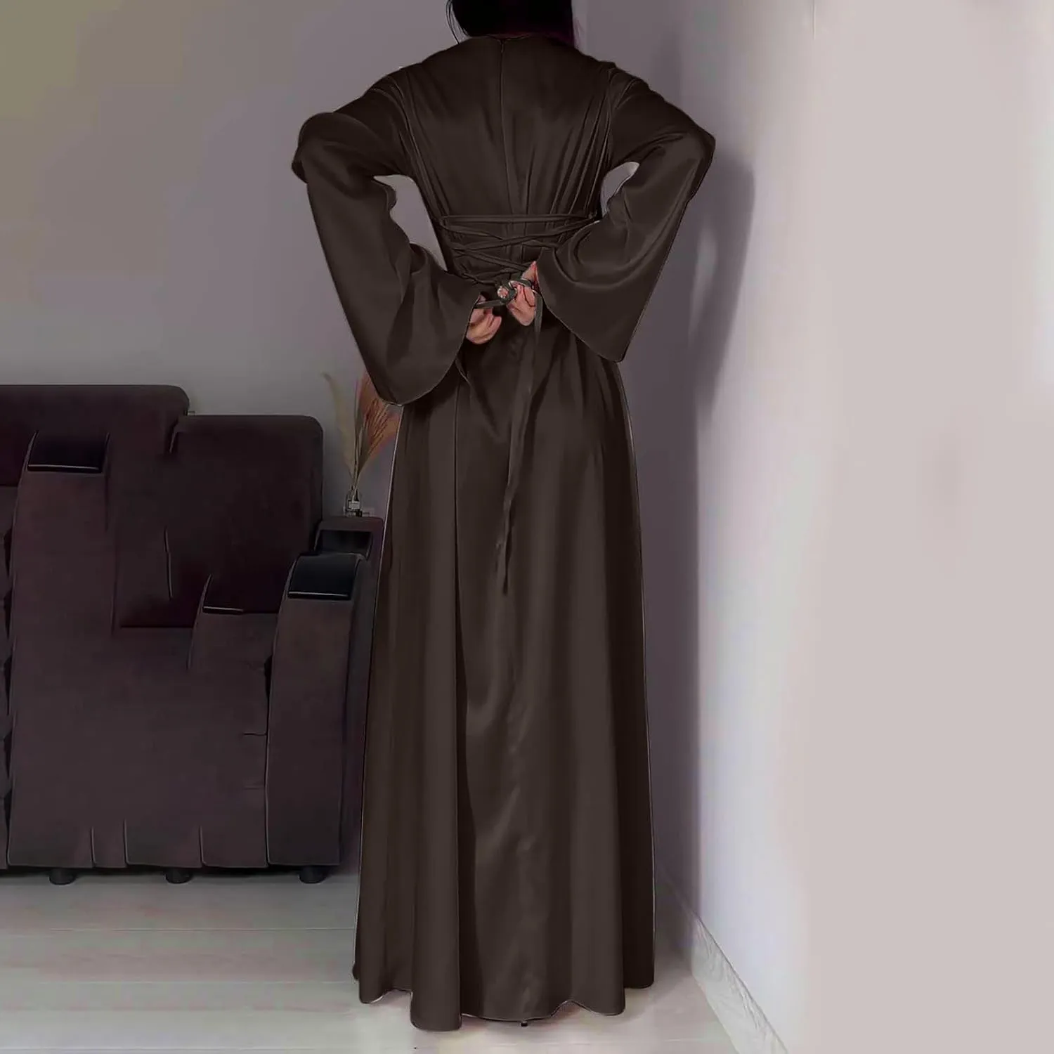 HGps8w Womens Elegant Satin Party Dress Bell Long Sleeve Cocktail Maxi Dress High Waisted Formal Party Evening Gowns