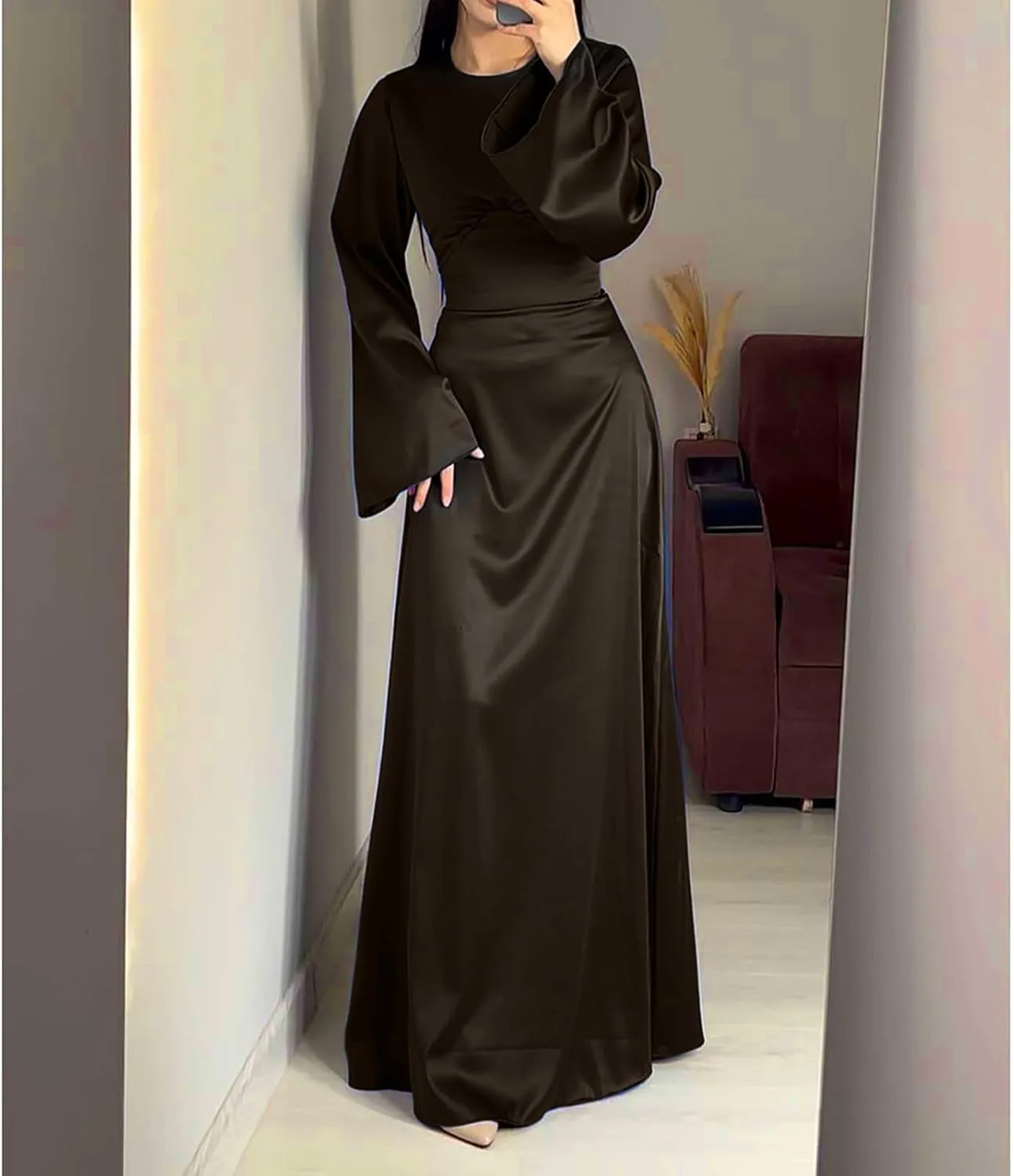 HGps8w Womens Elegant Satin Party Dress Bell Long Sleeve Cocktail Maxi Dress High Waisted Formal Party Evening Gowns