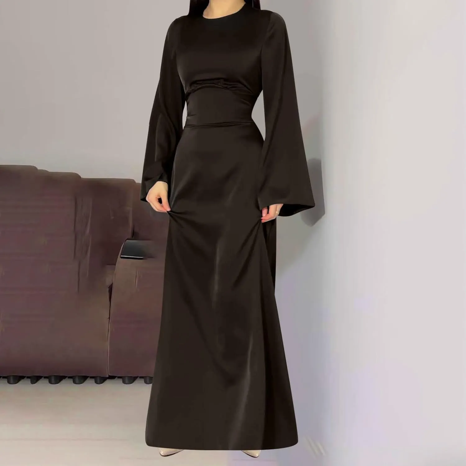 HGps8w Womens Elegant Satin Party Dress Bell Long Sleeve Cocktail Maxi Dress High Waisted Formal Party Evening Gowns
