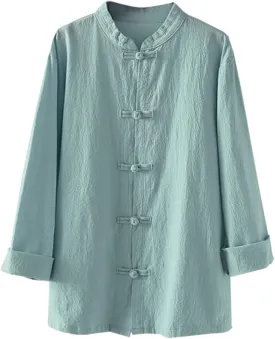 Kedera Women's Linen Shirts Retro Mandarin Collar Chinese Frog Button Tops Blouse