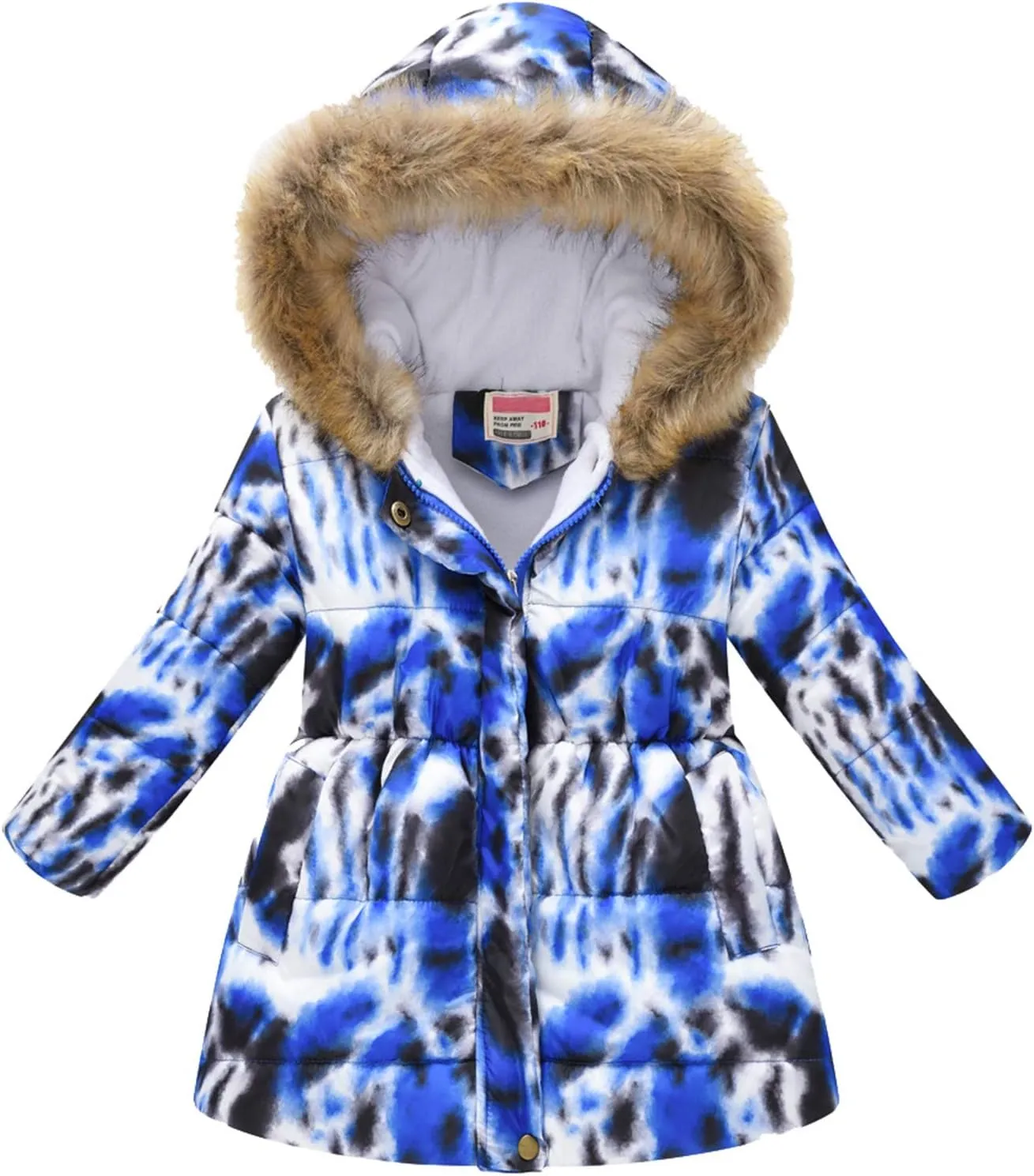 Kids Girls Winter Tie-Dye Print Windproof Warm Woolen Padded Fur Hooded Parkas Coat 2-10 Years