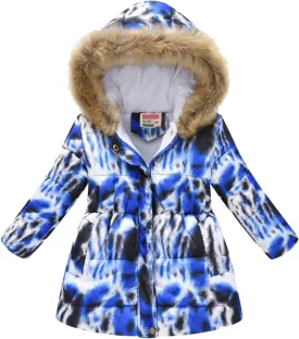 Kids Girls Winter Tie-Dye Print Windproof Warm Woolen Padded Fur Hooded Parkas Coat 2-10 Years