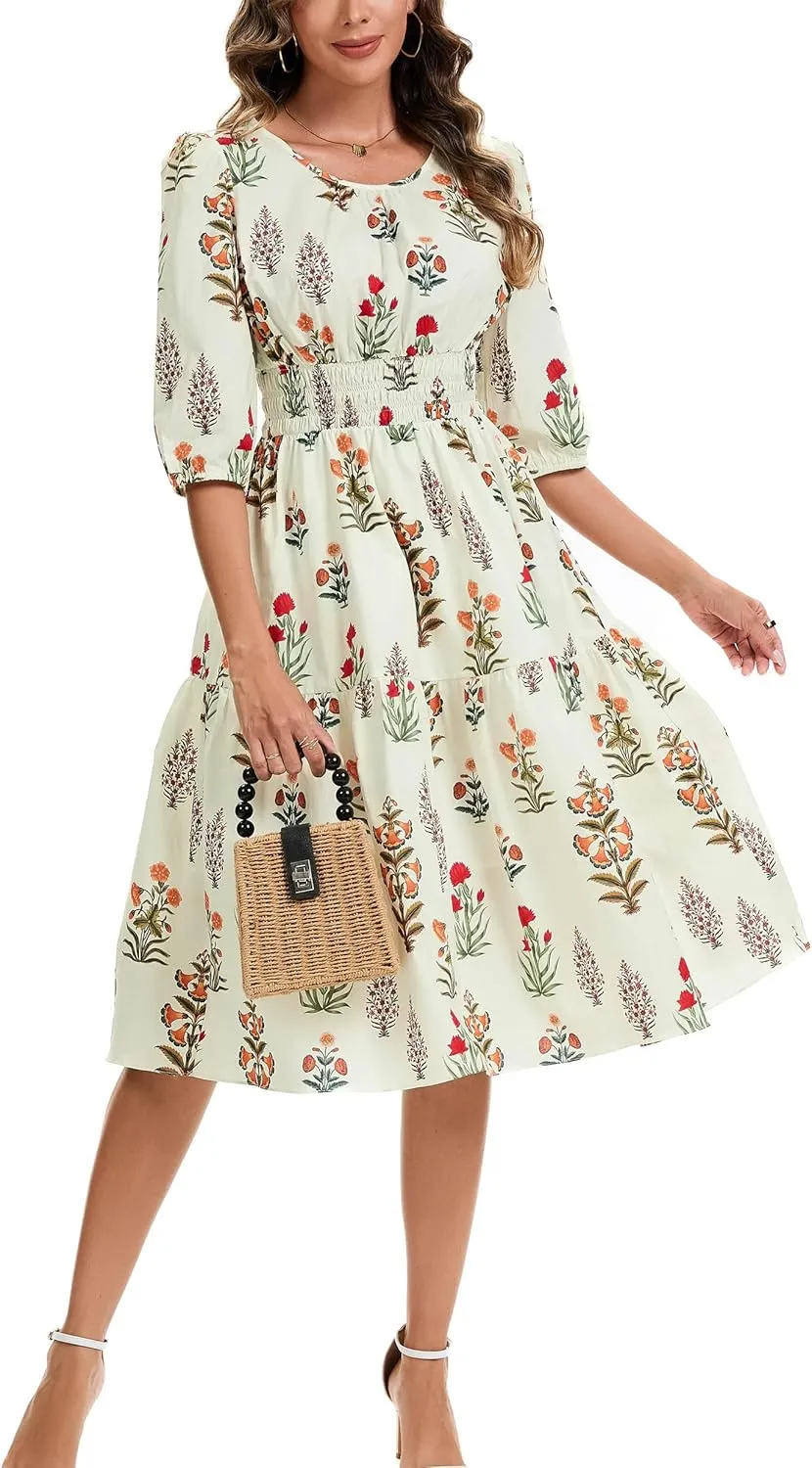 Kormei Women Casual Boho Floral Round Neck 3/4 Sleeve Smocked Waist Tiered A Line Flowy Swing Midi Dress Long Dresses