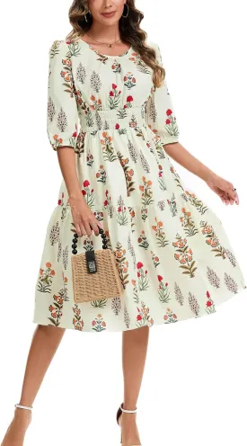 Kormei Women Casual Boho Floral Round Neck 3/4 Sleeve Smocked Waist Tiered A Line Flowy Swing Midi Dress Long Dresses