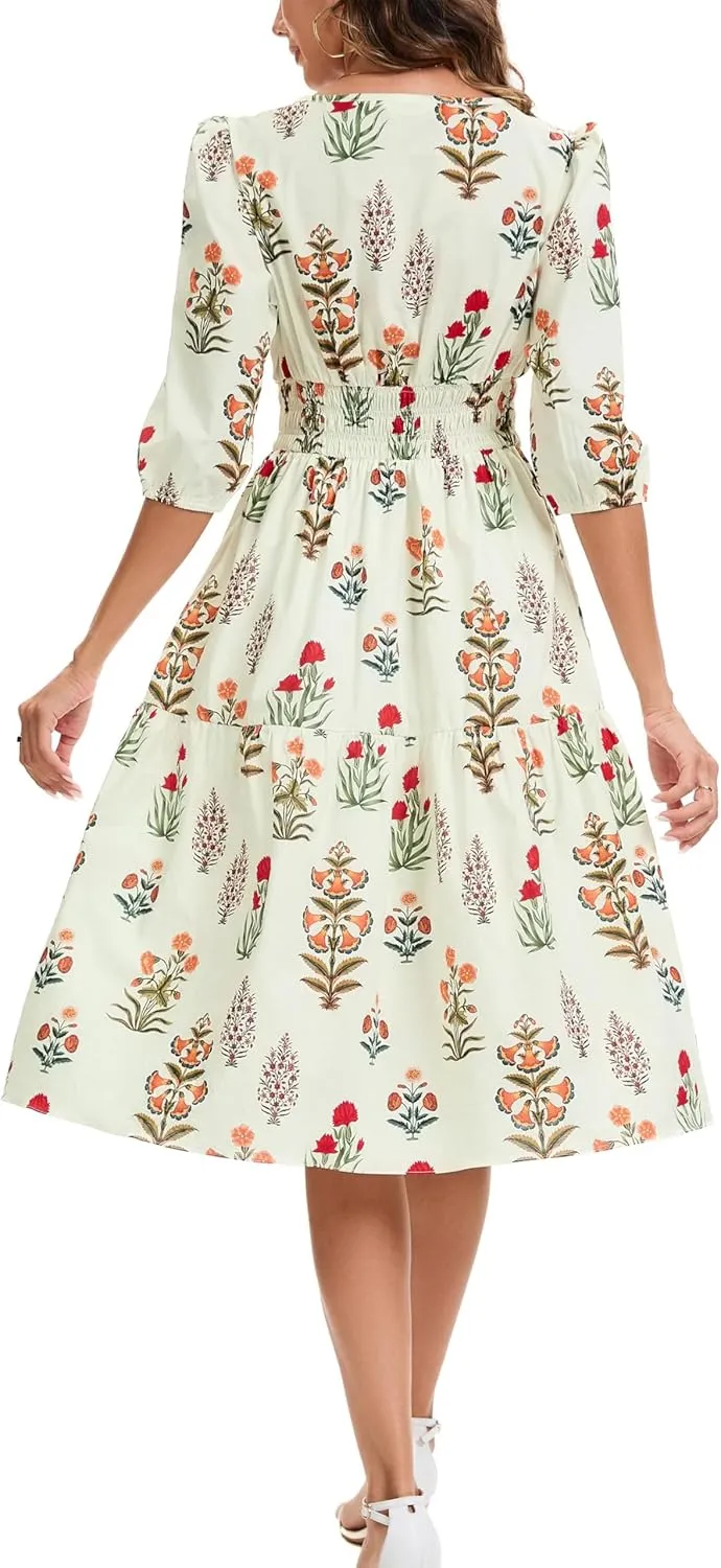 Kormei Women Casual Boho Floral Round Neck 3/4 Sleeve Smocked Waist Tiered A Line Flowy Swing Midi Dress Long Dresses