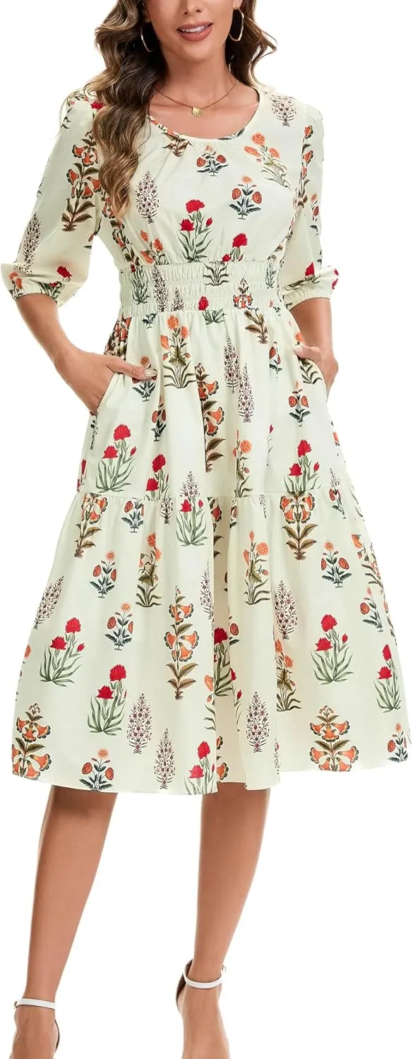 Kormei Women Casual Boho Floral Round Neck 3/4 Sleeve Smocked Waist Tiered A Line Flowy Swing Midi Dress Long Dresses