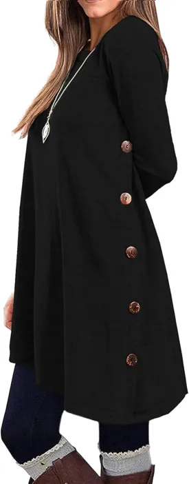 KORSIS Dresses for Women Long Sleeve Round Neck Casual Button Side T Shirts Loose Fitting Sweater Tunic Dress