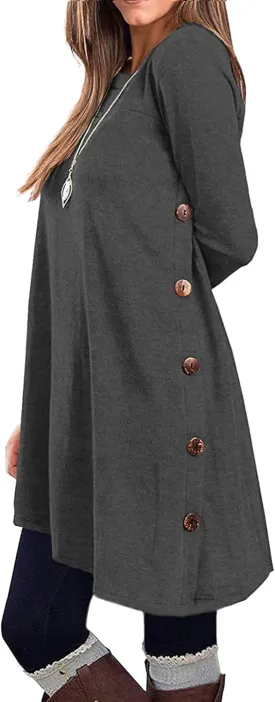 KORSIS Dresses for Women Long Sleeve Round Neck Casual Button Side T Shirts Loose Fitting Sweater Tunic Dress