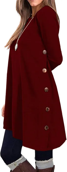 KORSIS Dresses for Women Long Sleeve Round Neck Casual Button Side T Shirts Loose Fitting Sweater Tunic Dress