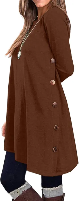KORSIS Dresses for Women Long Sleeve Round Neck Casual Button Side T Shirts Loose Fitting Sweater Tunic Dress
