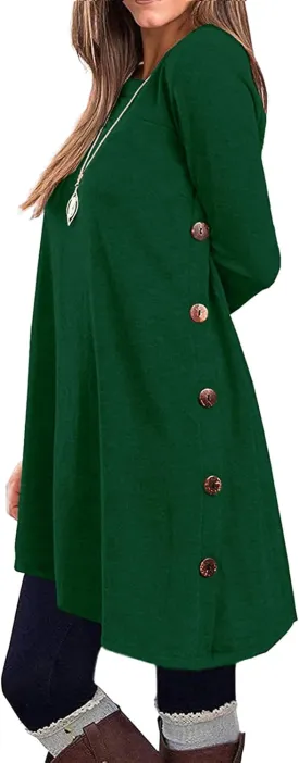 KORSIS Dresses for Women Long Sleeve Round Neck Casual Button Side T Shirts Loose Fitting Sweater Tunic Dress