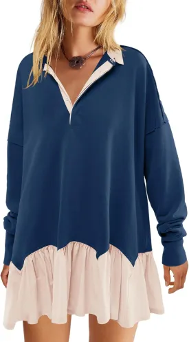 LAMISSCHE Womens Sweatshirt Dress Oversized Long Sleeve V Neck Pullover Tops Flowy Ruffle Patchwork Mini Dress