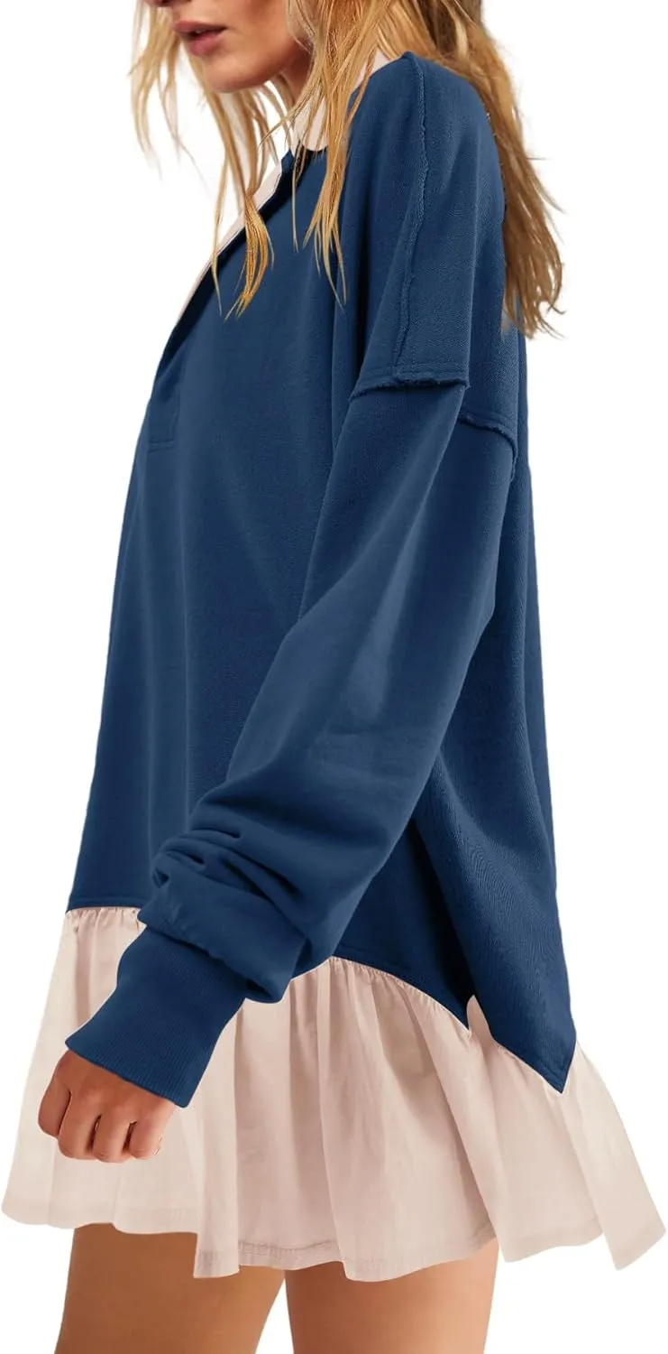 LAMISSCHE Womens Sweatshirt Dress Oversized Long Sleeve V Neck Pullover Tops Flowy Ruffle Patchwork Mini Dress