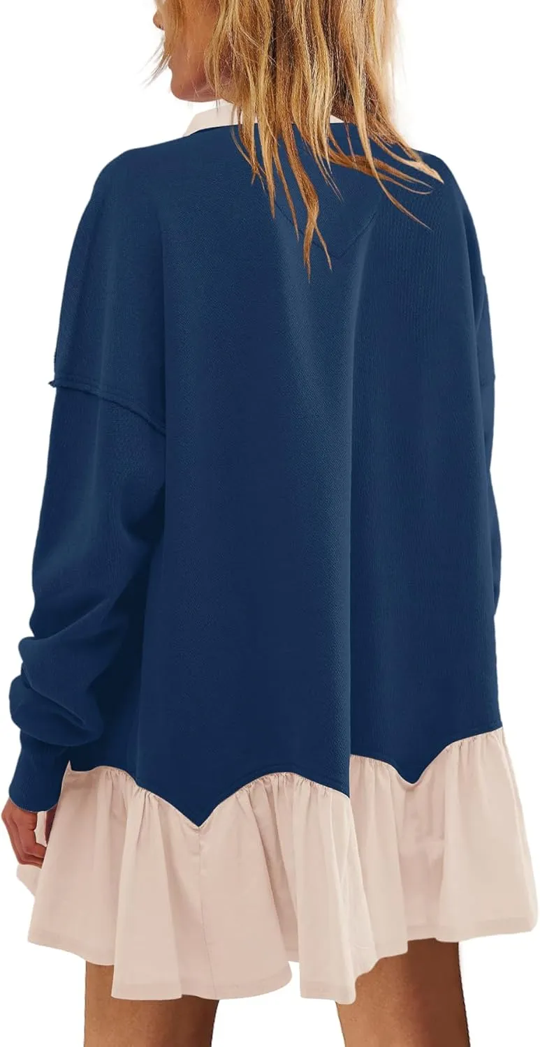 LAMISSCHE Womens Sweatshirt Dress Oversized Long Sleeve V Neck Pullover Tops Flowy Ruffle Patchwork Mini Dress