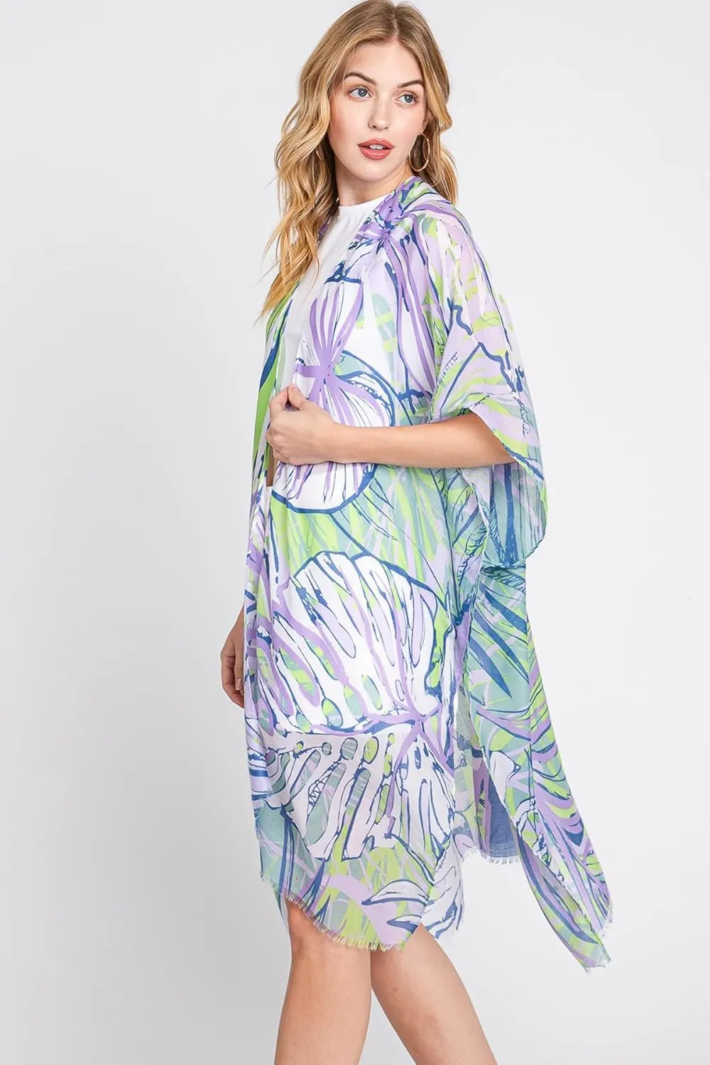 Lightweight Open Shawl Cardigan - Kimono Kaftan Poncho, Sheer Beach Swim Cover-Up Vest Floral Tassel, Tropical Leaf Print