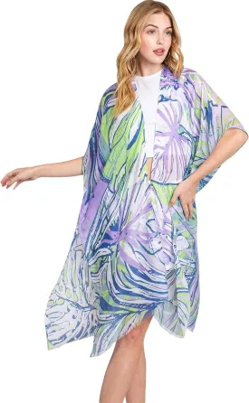 Lightweight Open Shawl Cardigan - Kimono Kaftan Poncho, Sheer Beach Swim Cover-Up Vest Floral Tassel, Tropical Leaf Print
