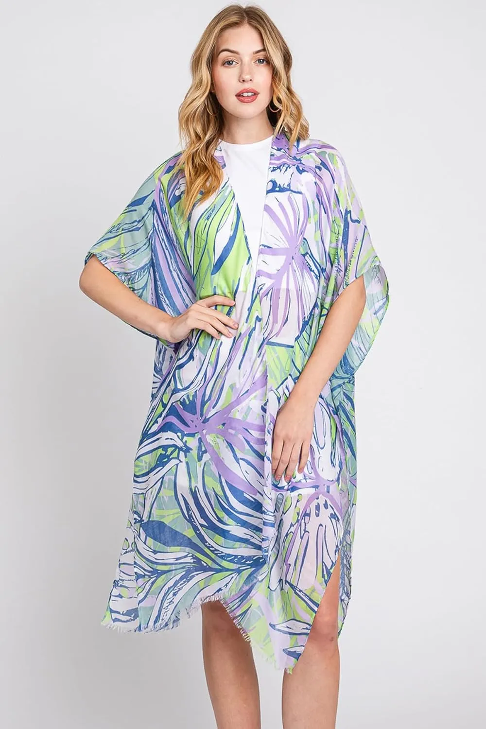 Lightweight Open Shawl Cardigan - Kimono Kaftan Poncho, Sheer Beach Swim Cover-Up Vest Floral Tassel, Tropical Leaf Print
